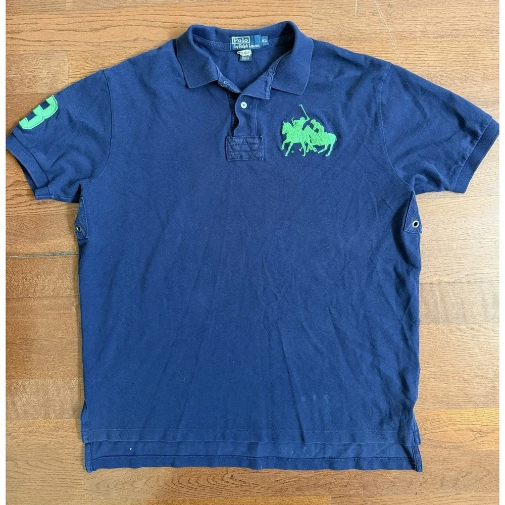 Vintage Rare Polo Ralph Lauren #3 Big Pony blue & green short sleeve Polo XL